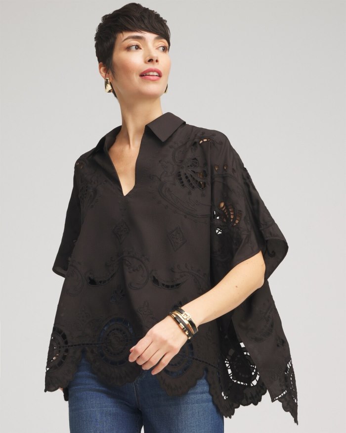 Women's Eyelet Poncho - Black