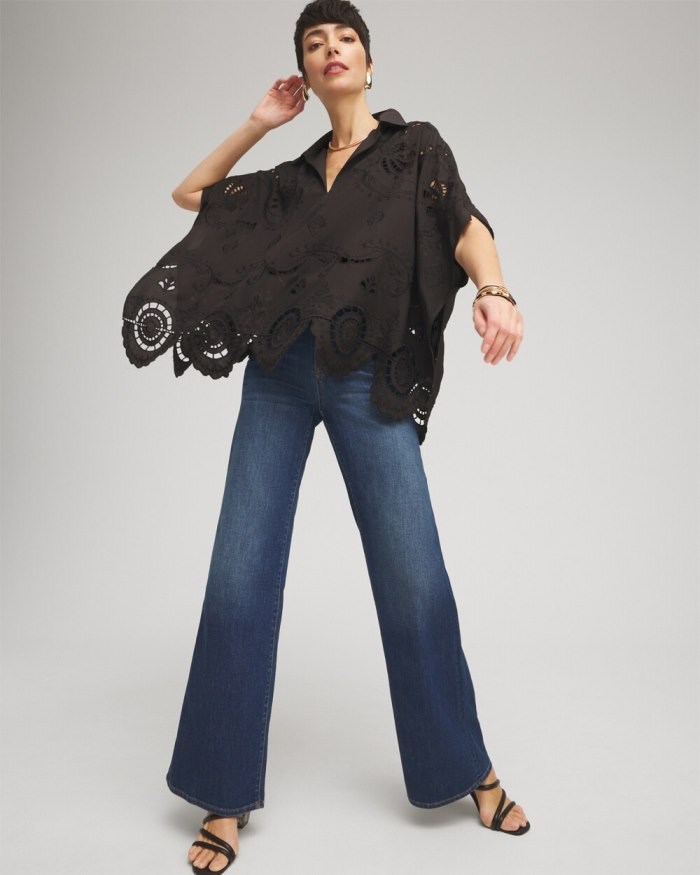 Women's Eyelet Poncho - Black