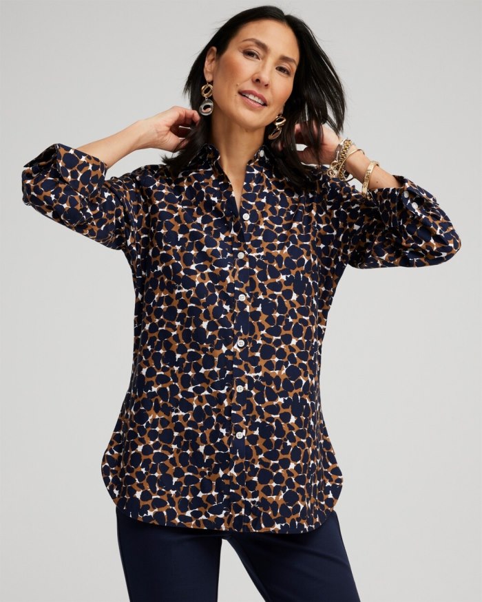 Women's No Iron 3/4 Sleeve Mosaic Print Shirt - Classic Navy - Click Image to Close