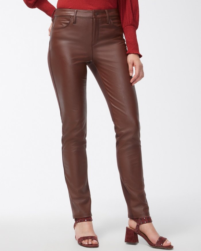 Women's Faux Leather Front Ponte Back Pants - Cambridge Brown - Click Image to Close