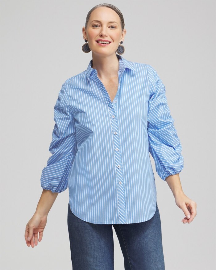 Women's Poplin Stripe Ruched Sleeve Shirt - French Blue - Click Image to Close