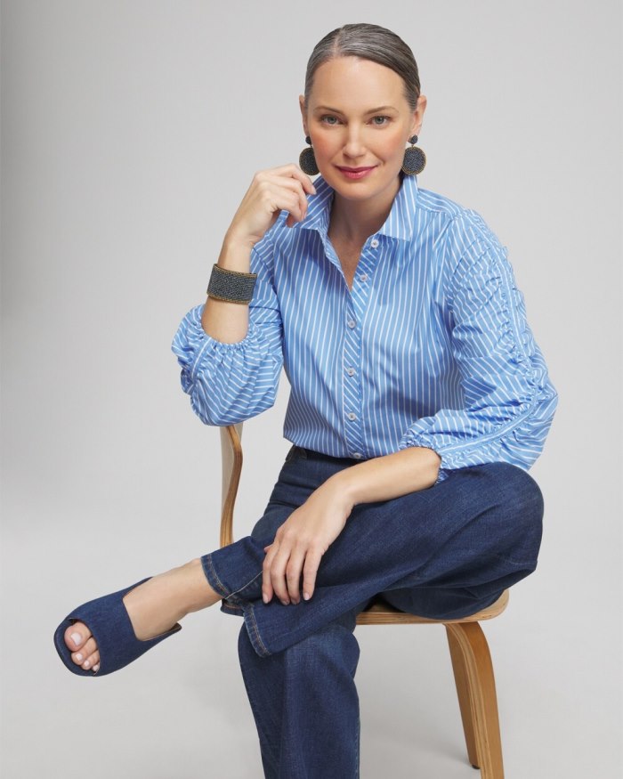 Women's Poplin Stripe Ruched Sleeve Shirt - French Blue