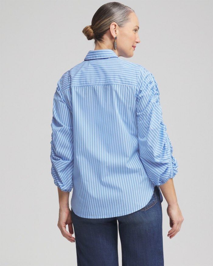 Women's Poplin Stripe Ruched Sleeve Shirt - French Blue