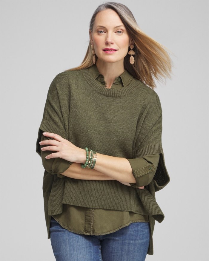 Women's Short Sleeve Knit Poncho - Olive