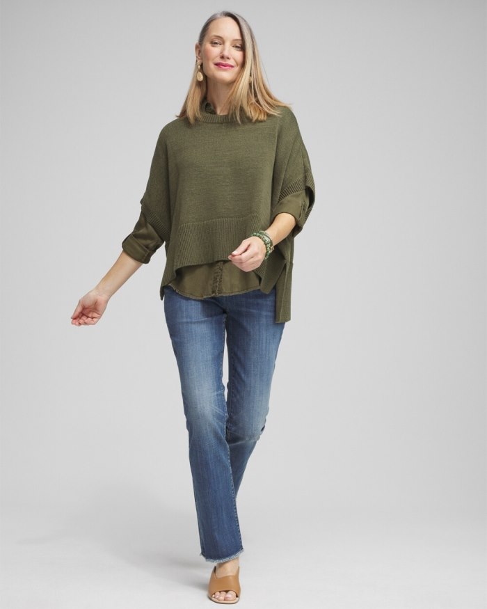 Women's Short Sleeve Knit Poncho - Olive