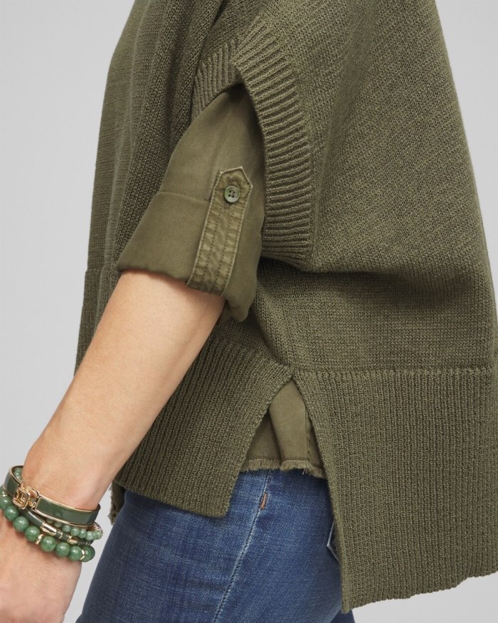 Women's Short Sleeve Knit Poncho - Olive