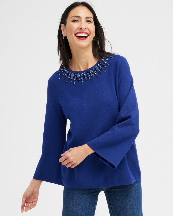 Women's Gem Embellished Flare Sleeve Sweater - Cobalt Night - Click Image to Close