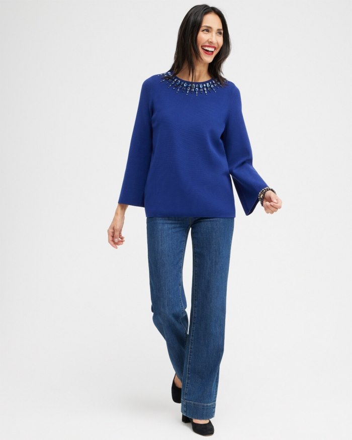 Women's Gem Embellished Flare Sleeve Sweater - Cobalt Night