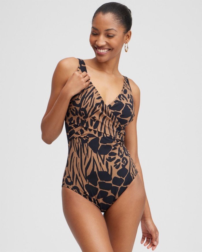 Women's Wrap Front One Piece Swimsuit - Black/Brown