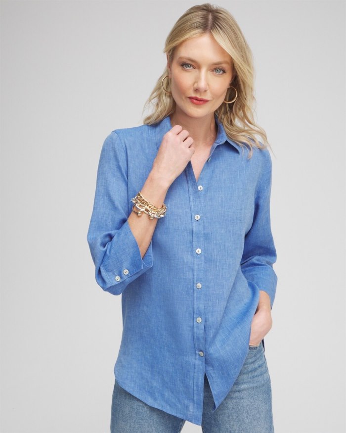 Women's No Iron Linen 3/4 Sleeve Shirt - Indigo - Click Image to Close