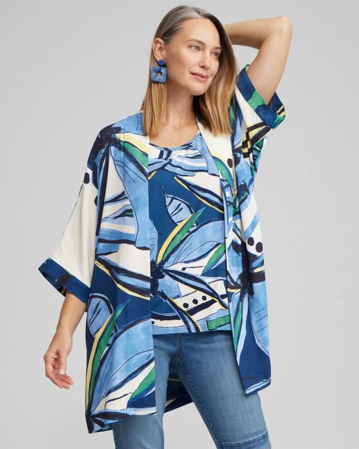 Women's Floral Print Long Kimono - Blue Veil - Click Image to Close