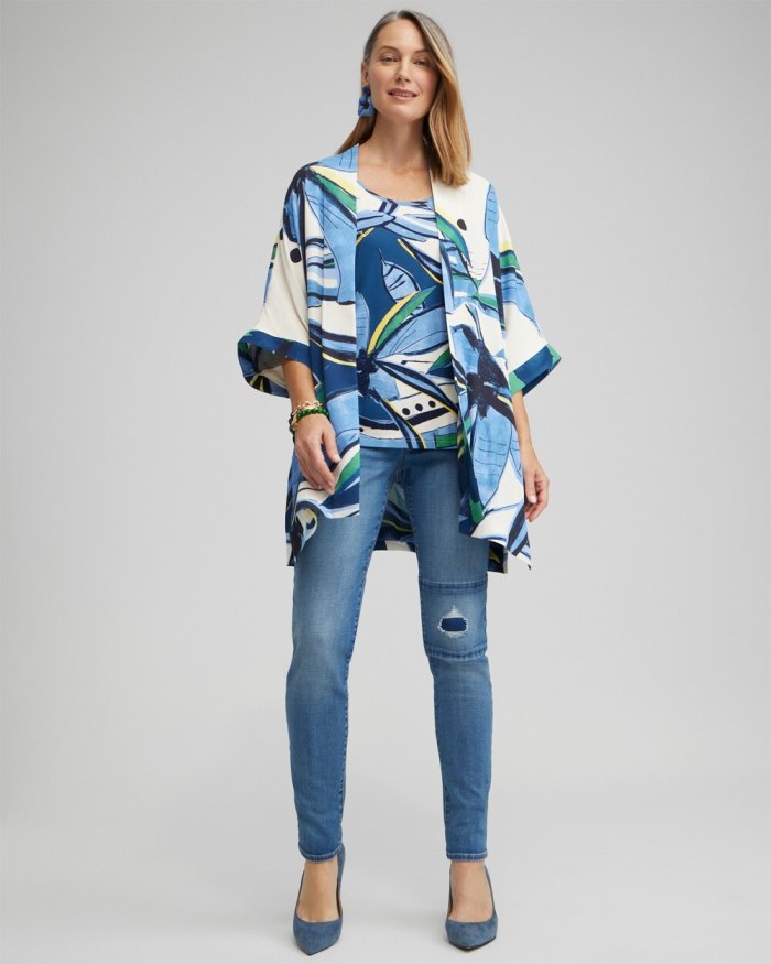 Women's Floral Print Long Kimono - Blue Veil