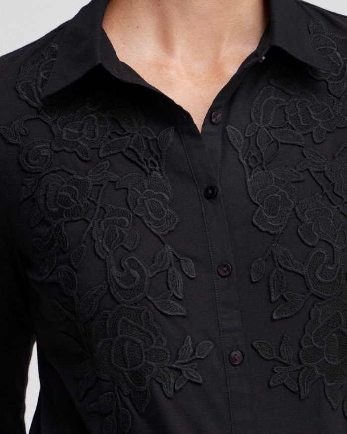 Women's Knit Woven Lace Applique Shirt - Black