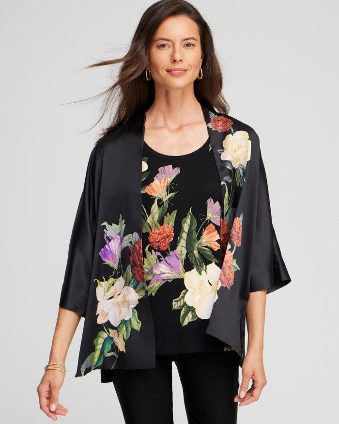 Women's Floral Short Kimono - Black