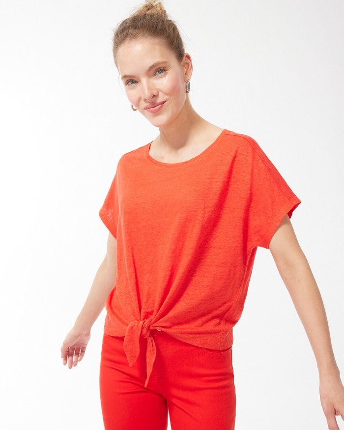 Women's Linen Tie Front Tee - Flame Scarlet