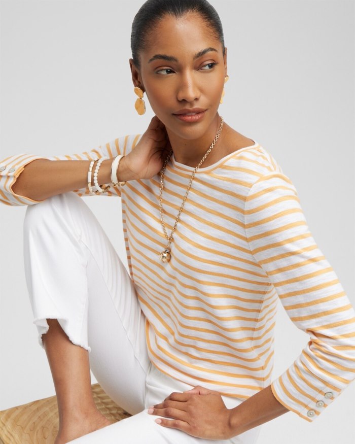 Women's Stripe 3/4 Sleeve Button Tee - Mango Sorbet