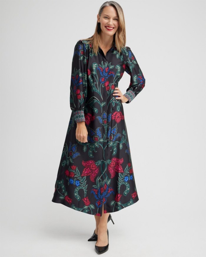 Women's Satin Scroll Print Shirt Dress - Black