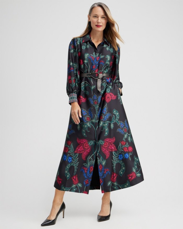 Women's Satin Scroll Print Shirt Dress - Black