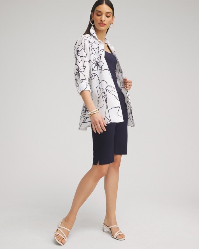 Women's No Iron Linen Floral Tunic - Optic White