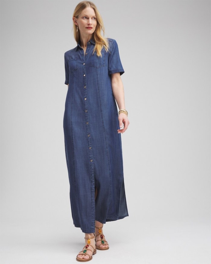 Women's Short Sleeve Maxi Shirt Dress - Marina Bay Indigo - Click Image to Close