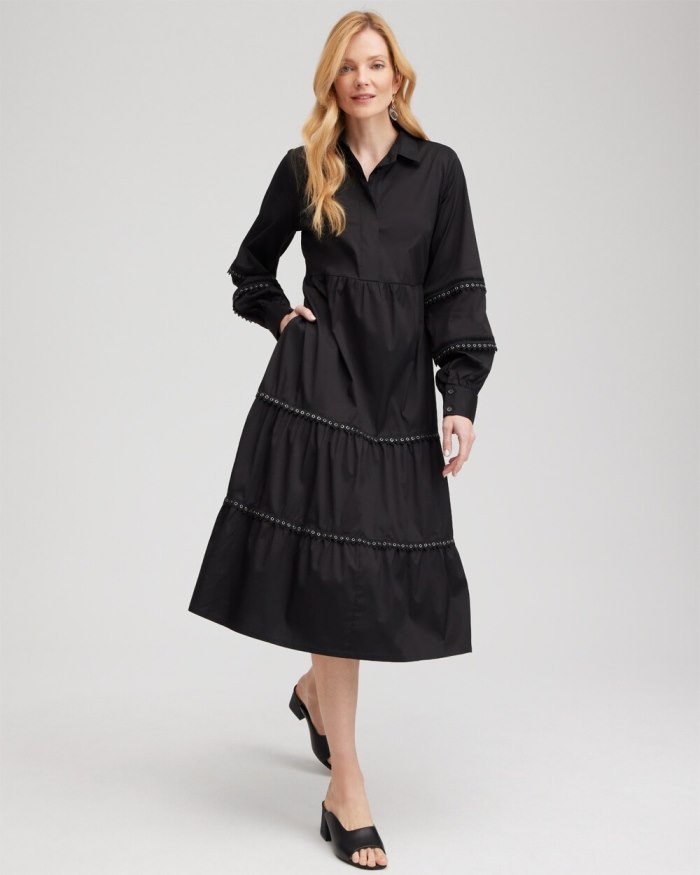 Women's Poplin Lace Detail Tiered Dress - Black