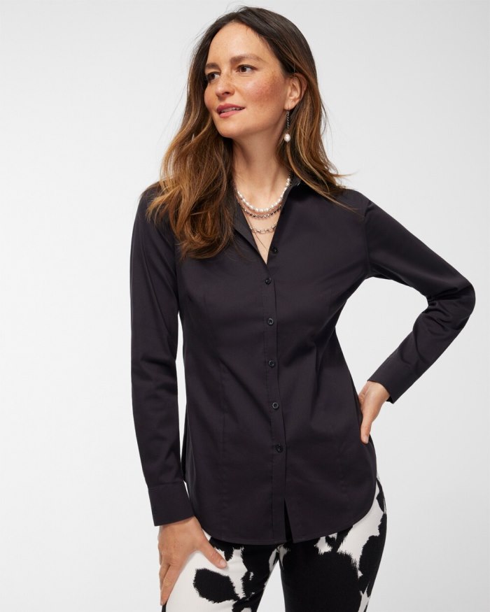 Women's No-Iron Fitted Stretch Shirt - Black - Click Image to Close