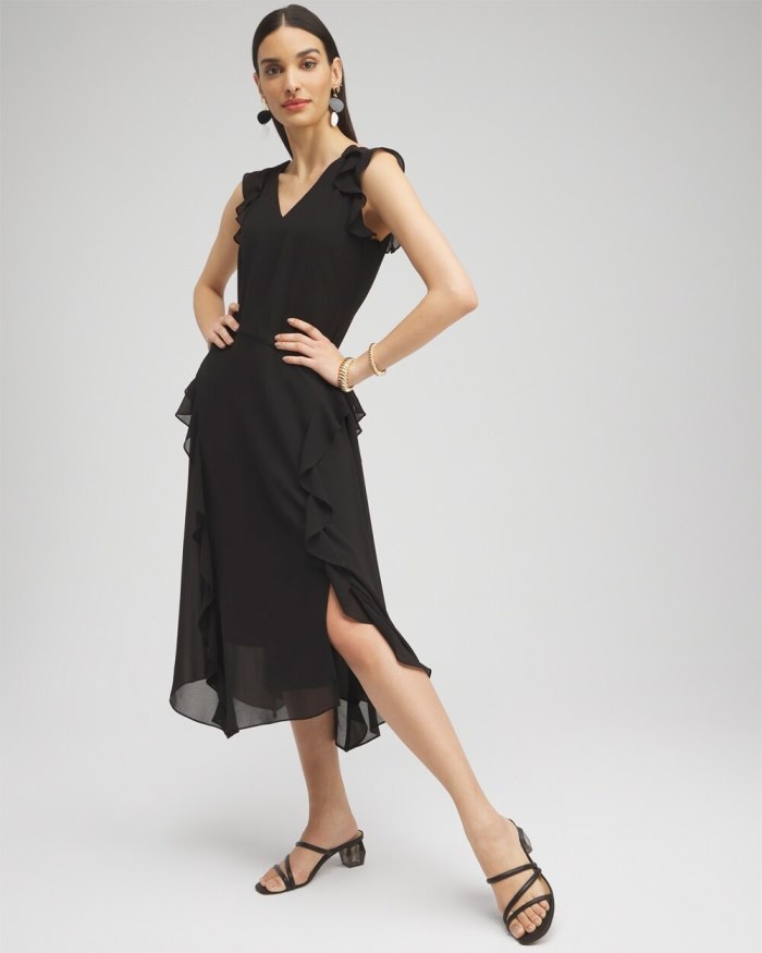 Women's Chiffon Ruffle Midi Dress - Black