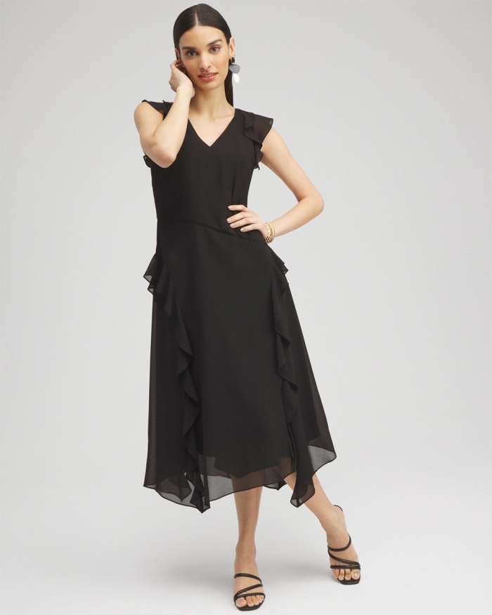 Women's Chiffon Ruffle Midi Dress - Black