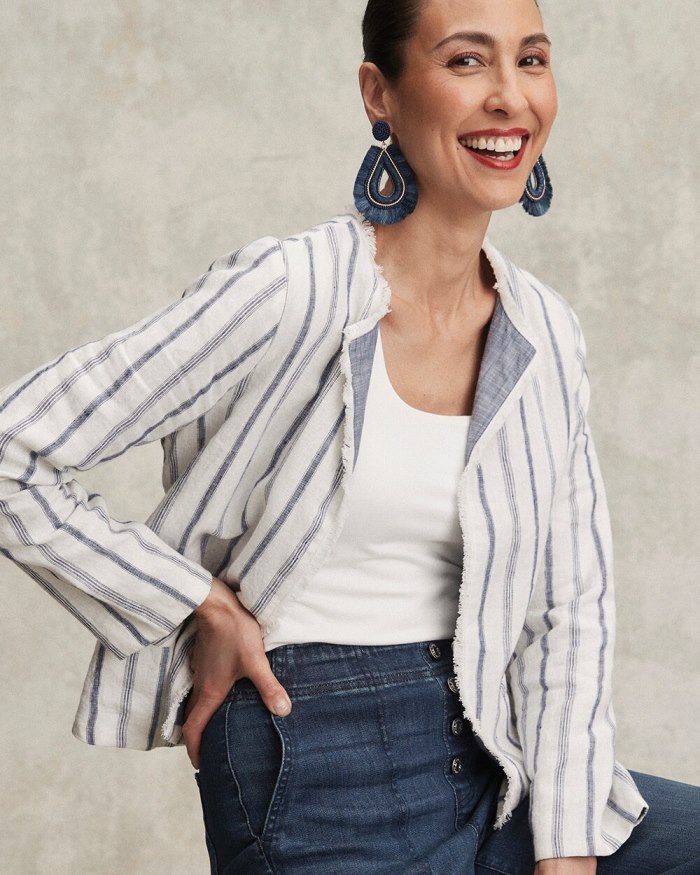 Women's Stripe Linen Frayed Jacket - Alabaster - Click Image to Close