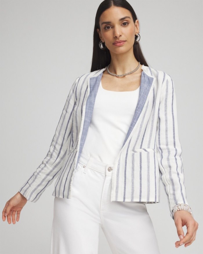 Women's Stripe Linen Frayed Jacket - Alabaster