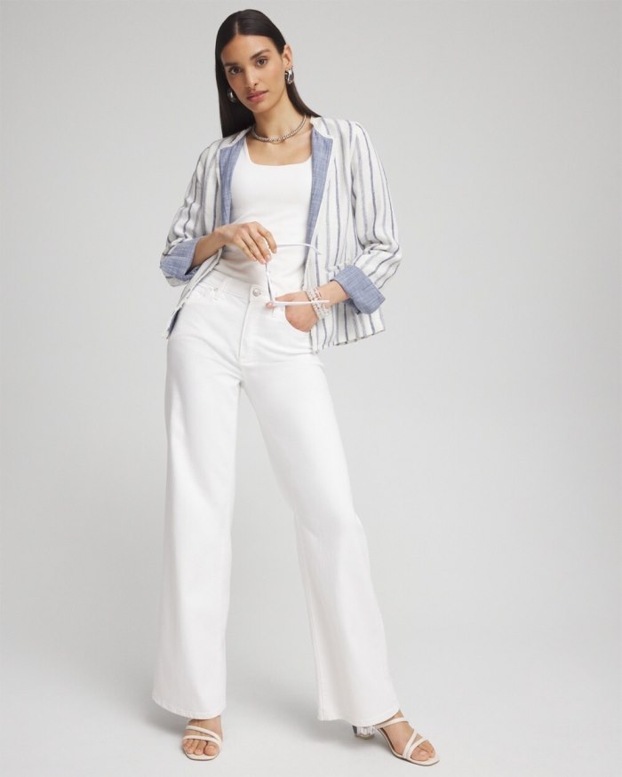 Women's Stripe Linen Frayed Jacket - Alabaster