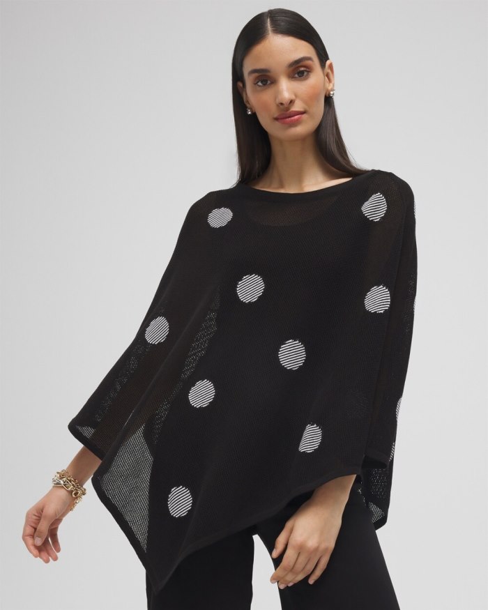 Women's Jacquard Polka Dot Knit Poncho - Black - Click Image to Close