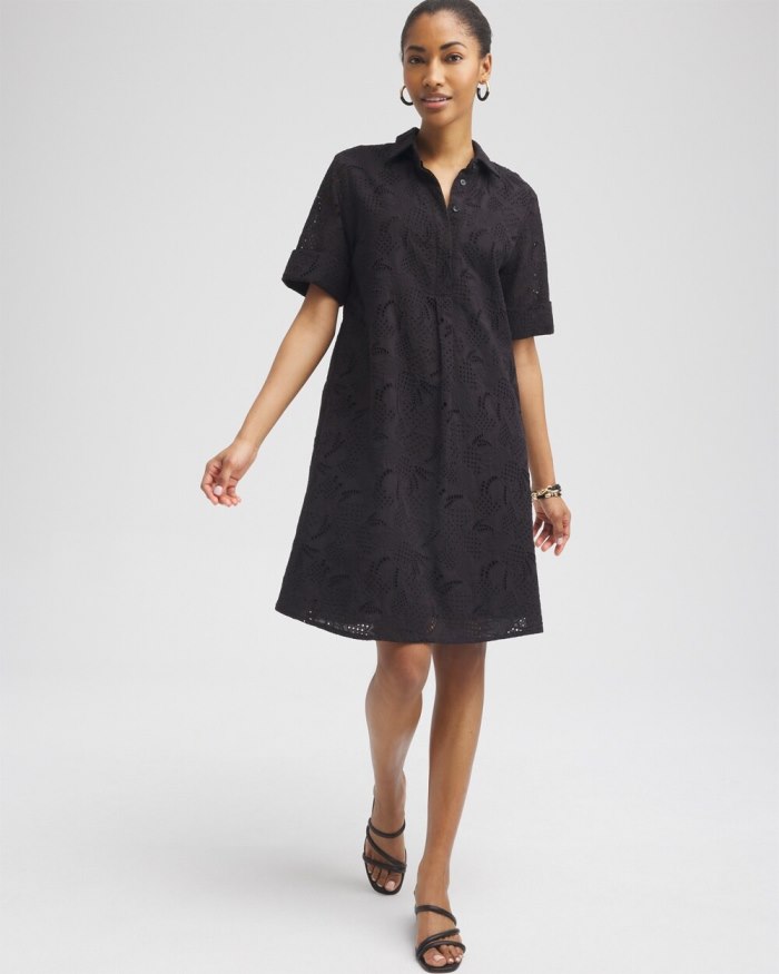 Women's Eyelet Shirt Dress - Black - Click Image to Close