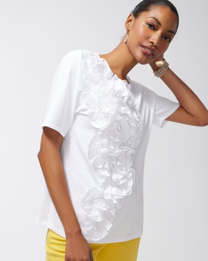 Women's 3D Floral Applique Ruffle Tee - Alabaster