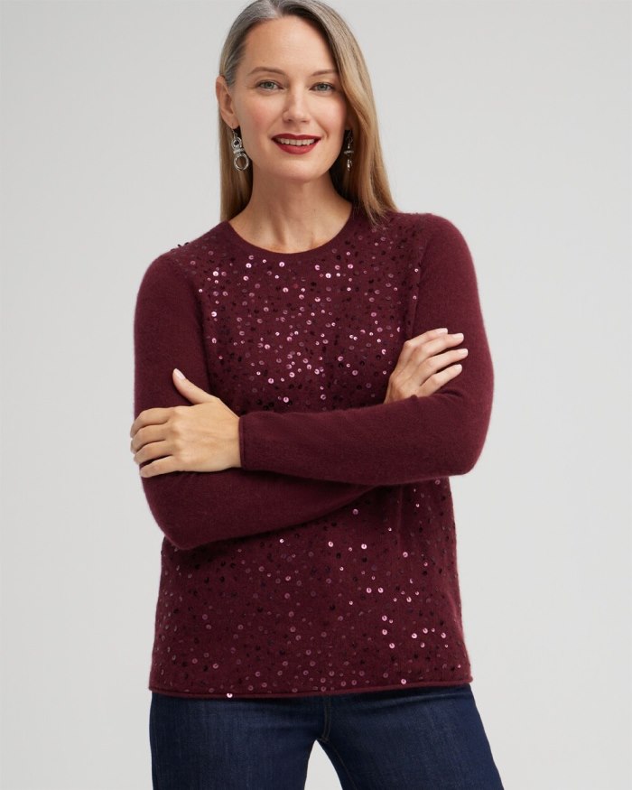 Women's Cashmere Sequin Crew Neck Sweater - Merlot - Click Image to Close