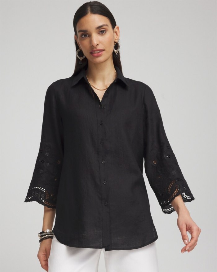 Women's Linen Eyelet Sleeve Shirt - Black - Click Image to Close