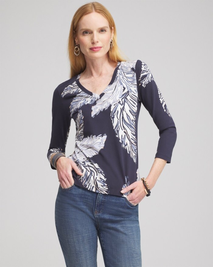 Women's Leaf Print 3/4 Sleeve Perfect Tee - Classic Navy - Click Image to Close