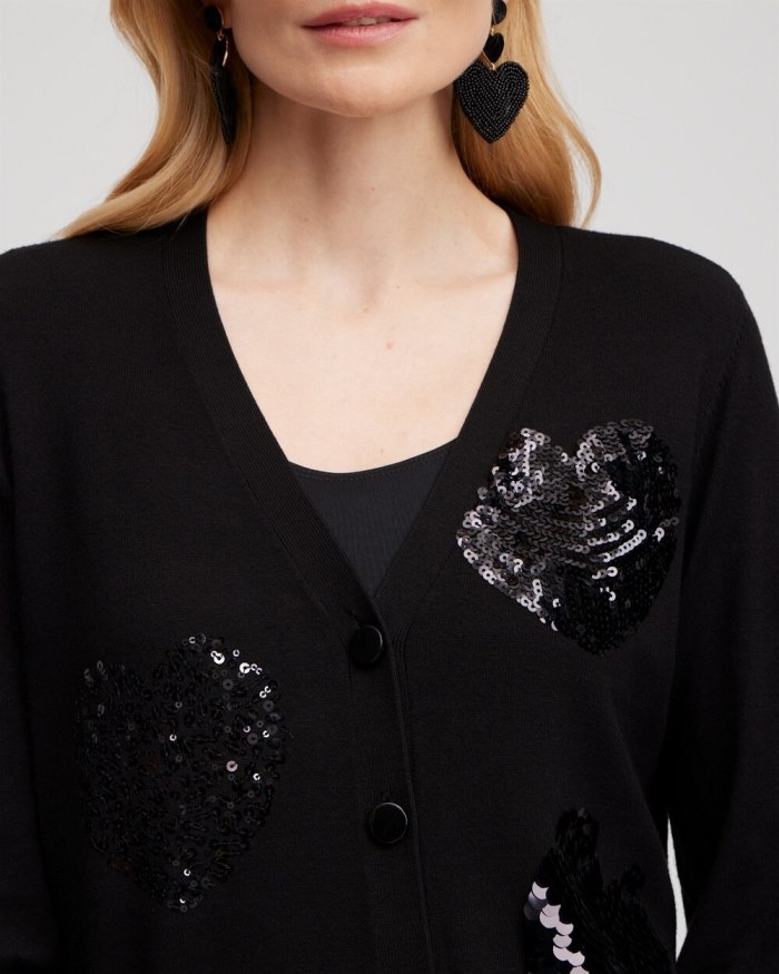 Women's Sequin Hearts Cardigan - Black