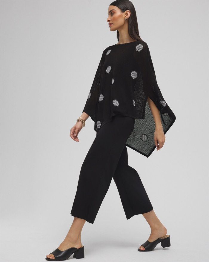 Women's Jacquard Polka Dot Knit Poncho - Black