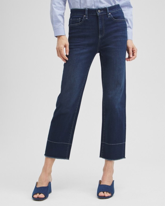 Women's High Rise Fray Hem Straight Cropped Jeans - AZURE INDIGO