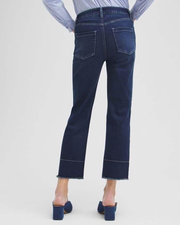 Women's High Rise Fray Hem Straight Cropped Jeans - AZURE INDIGO