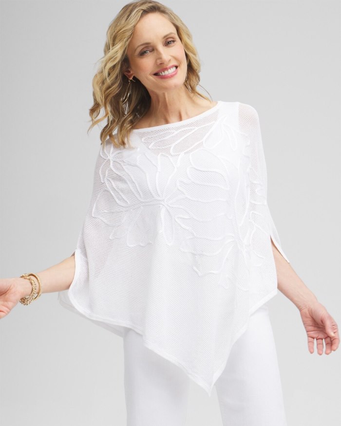 Women's Embroidered Knit Triangle Poncho - Alabaster