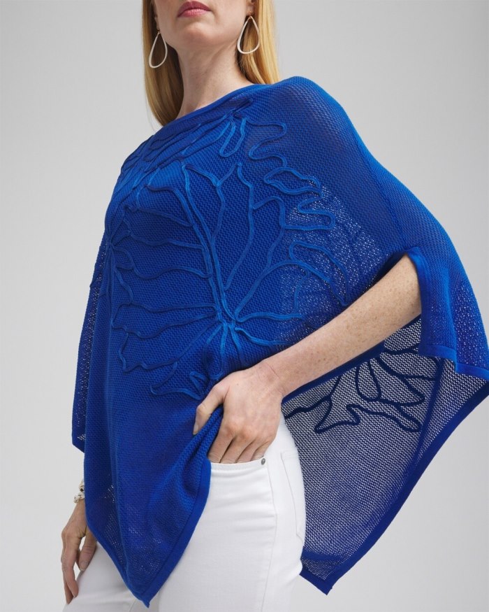 Women's Embroidered Knit Triangle Poncho - Alabaster