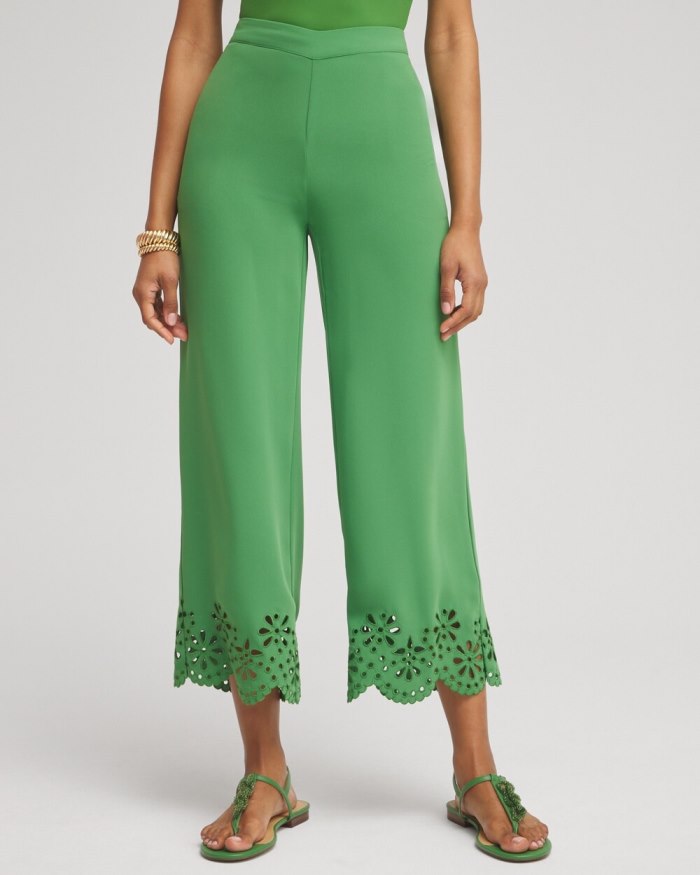 Women's Satin Eyelet Hem Culottes - Verdant Green - Click Image to Close