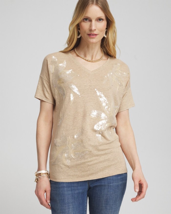 Women's Neutral Sequin Embellished Tee - Sycamore - Click Image to Close