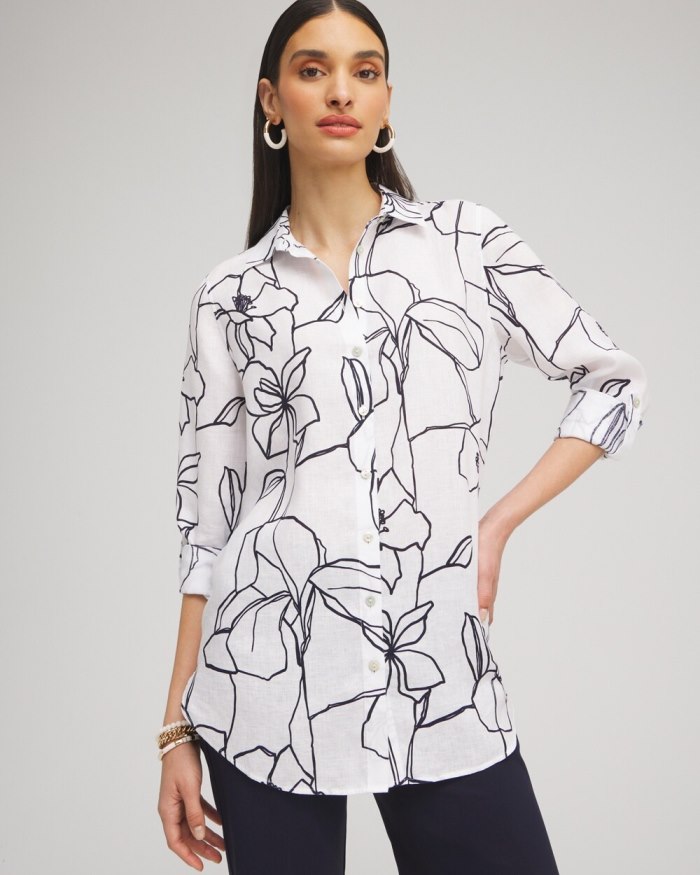 Women's No Iron Linen Floral Tunic - Optic White