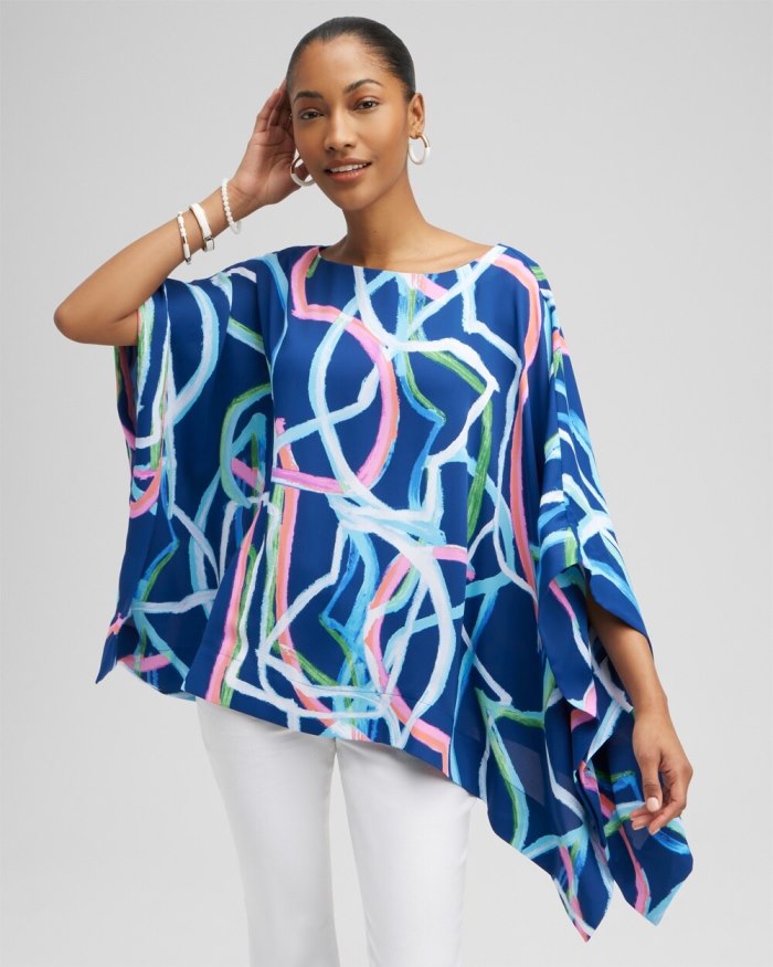 Women's Abstract Lines Poncho - Classic Navy - Click Image to Close