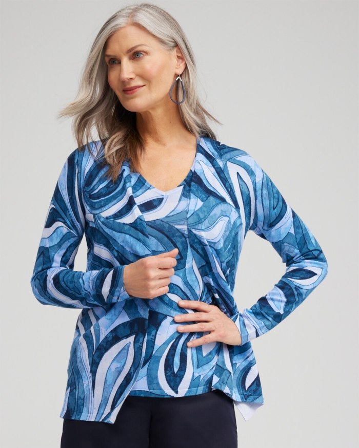 Women's Spun Rayon Leaf Print Cardigan - Azores Blue - Click Image to Close