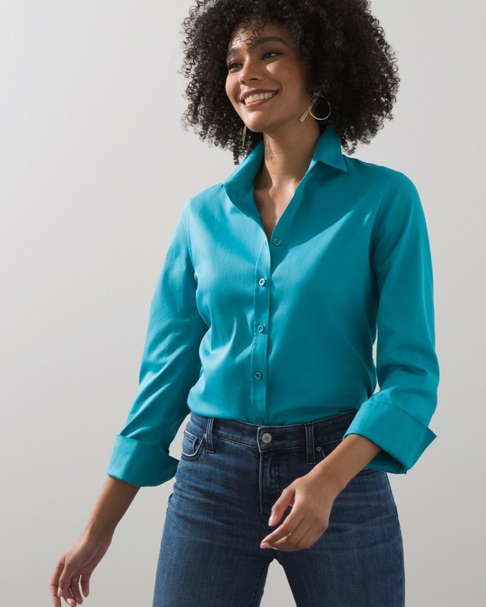 Women's No Iron 3/4 Sleeve Stretch Shirt - Pagoda Blue - Click Image to Close