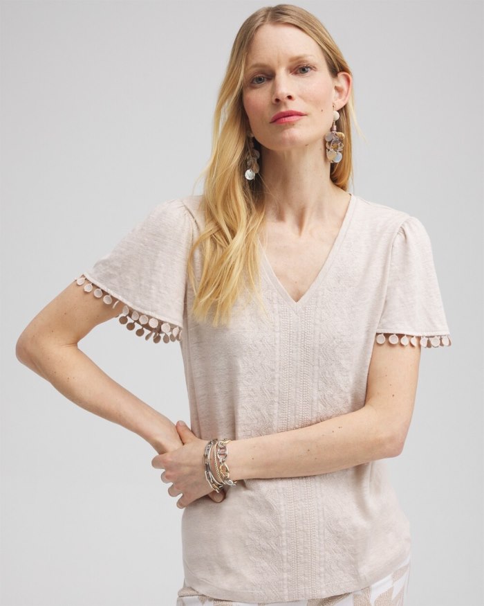 Women's Linen Embroidered Flutter Sleeve Top - Smokey Taupe - Click Image to Close